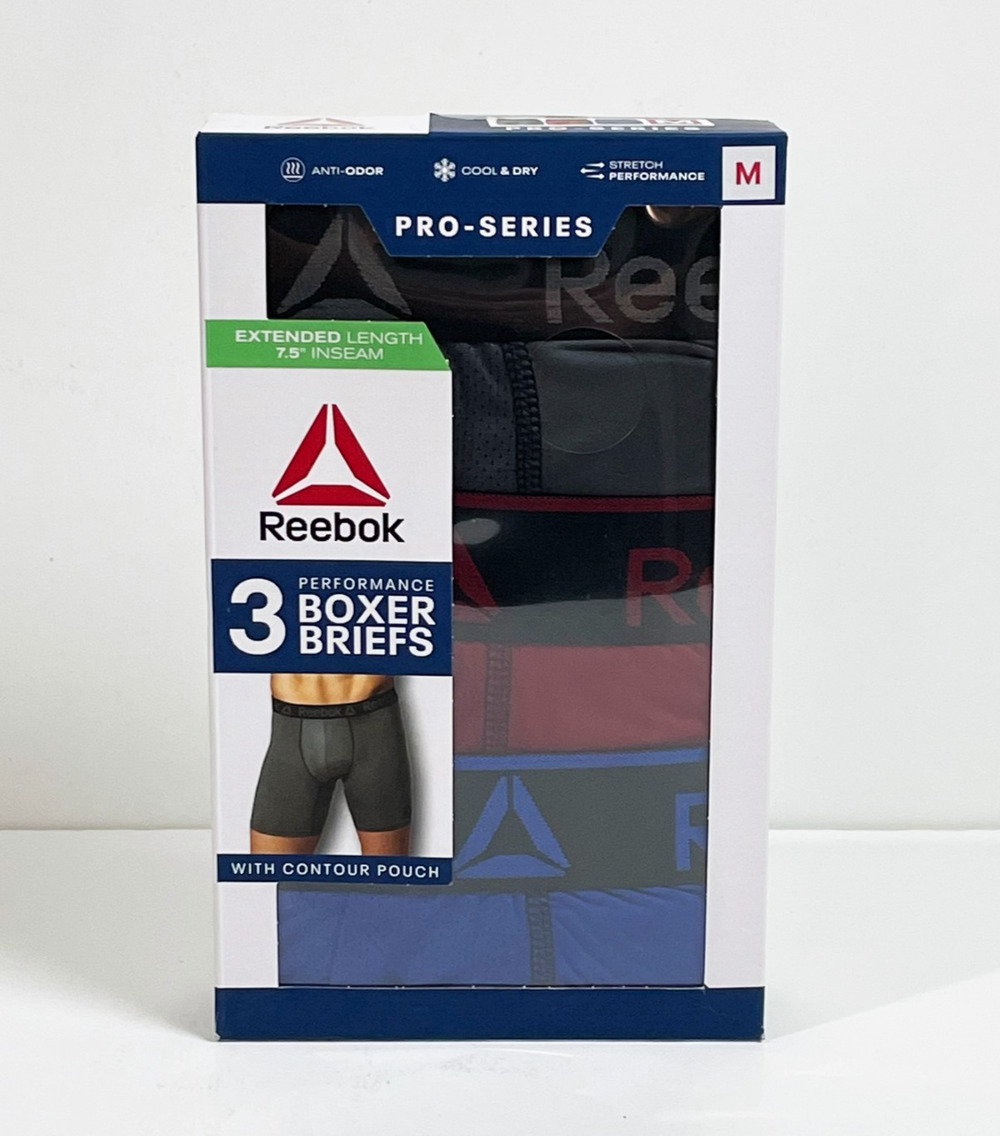 Reebok Men's Pro Series Performance Boxer Briefs Extended Length 3 Pack Medium